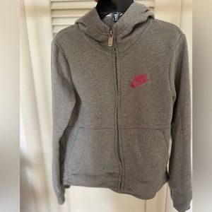 Nike girls gray zip up hooded sweatshirt, size Medium/6, high low hem, pink logo